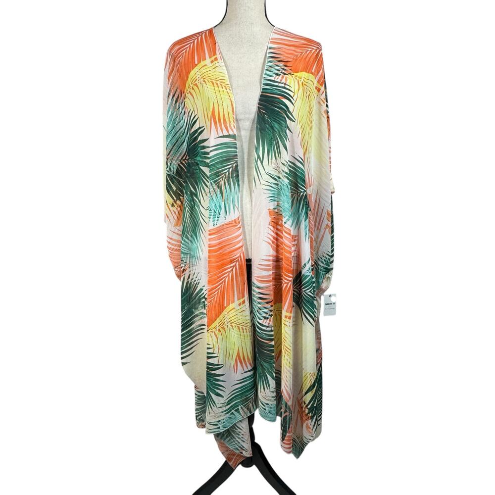 Forever 21 Contemporary Medium Midi Kimono Leaf Print Open Front Semi-Sheer Slit